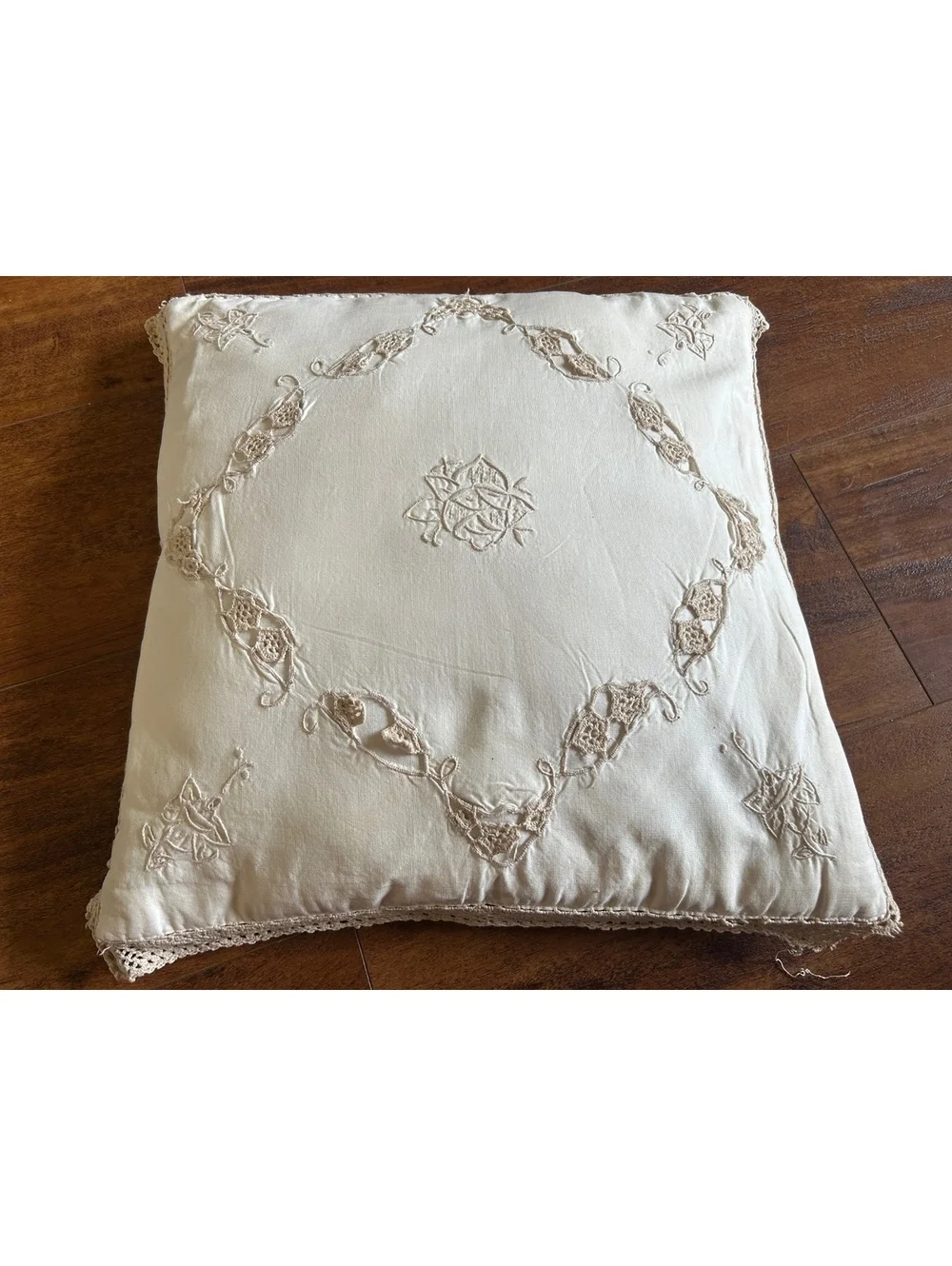 Vintage Embroidered Cream Decorative Pillow with Lace Trim